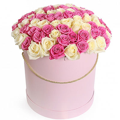 Коробка с 51 белой и розовой розой!