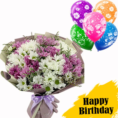 Bouquet of chrysanthemums with colorful balls "Lilac Dreams"