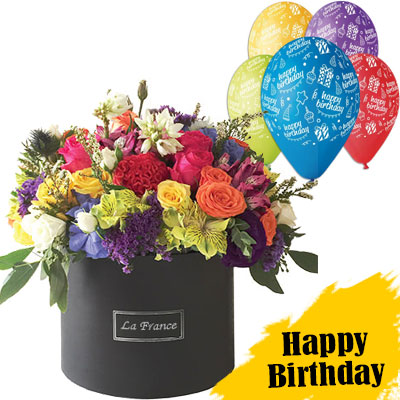 Flowers in a box with balloons "Secret Love"