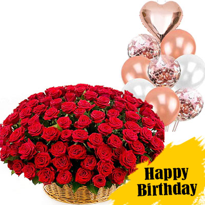 Basket of 501 red roses with balloons "Present"