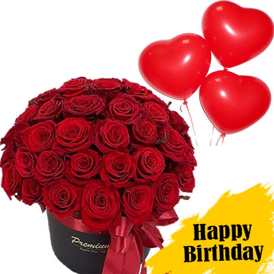 25 red roses in a box with balloons "Falling in love"