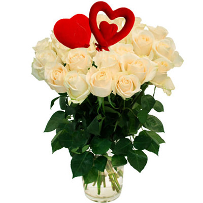 25 white roses with hearts