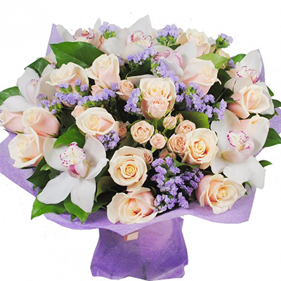Light bouquet with bush roses and orchids