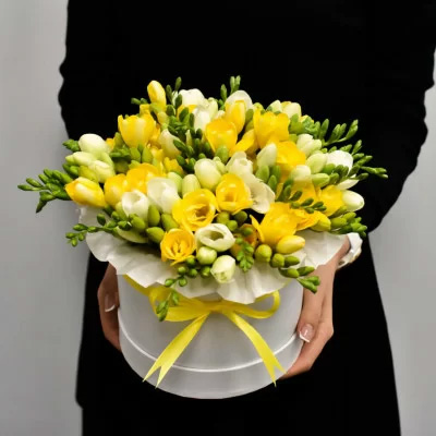 Bouquet of freesias in a box "Sun in the desert"
