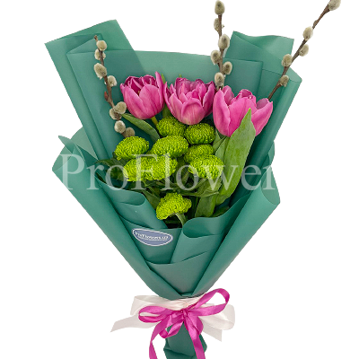 Bouquet of 3 tulips and chrysanthemums Code Green