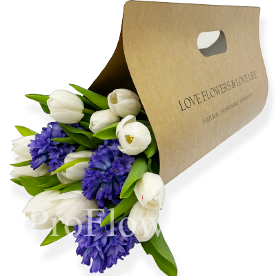 11 white tulips and 3 hyacinths in an envelope