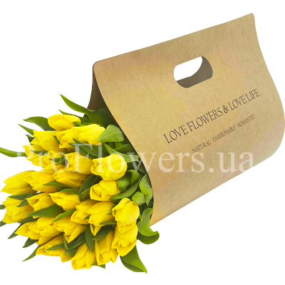 25 yellow tulips in an envelope