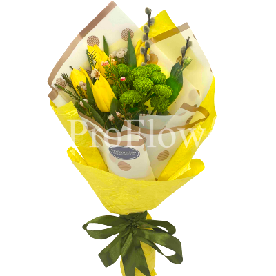 5 yellow tulips and chrysanthemums Code Green