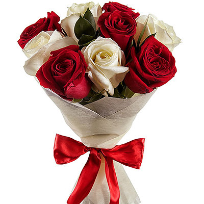 Букет з 9 троянд "Бордово-білий сюрприз"