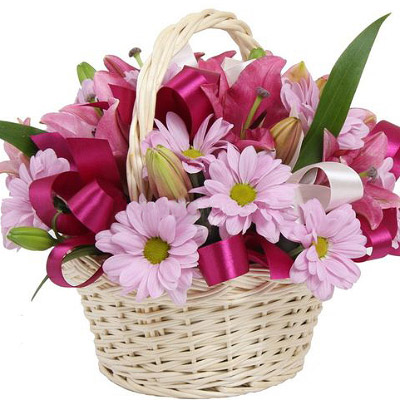 Basket with chrysanthemums and lilies
