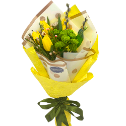 5 yellow tulips and chrysanthemums Code Green