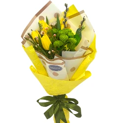 5 yellow tulips and chrysanthemums Code Green
